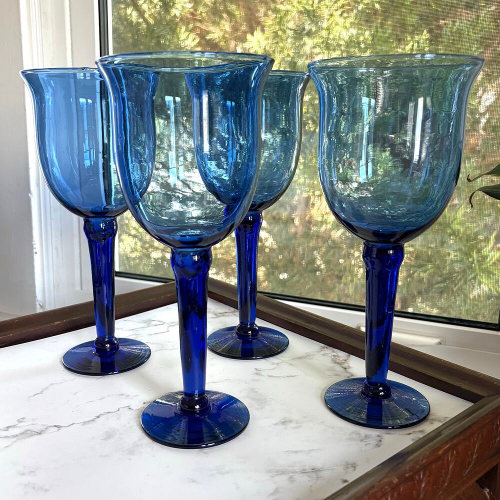 Vintage Mexican Cobalt Blue Goblets Set of 4 Hand Blown Wine Glasses